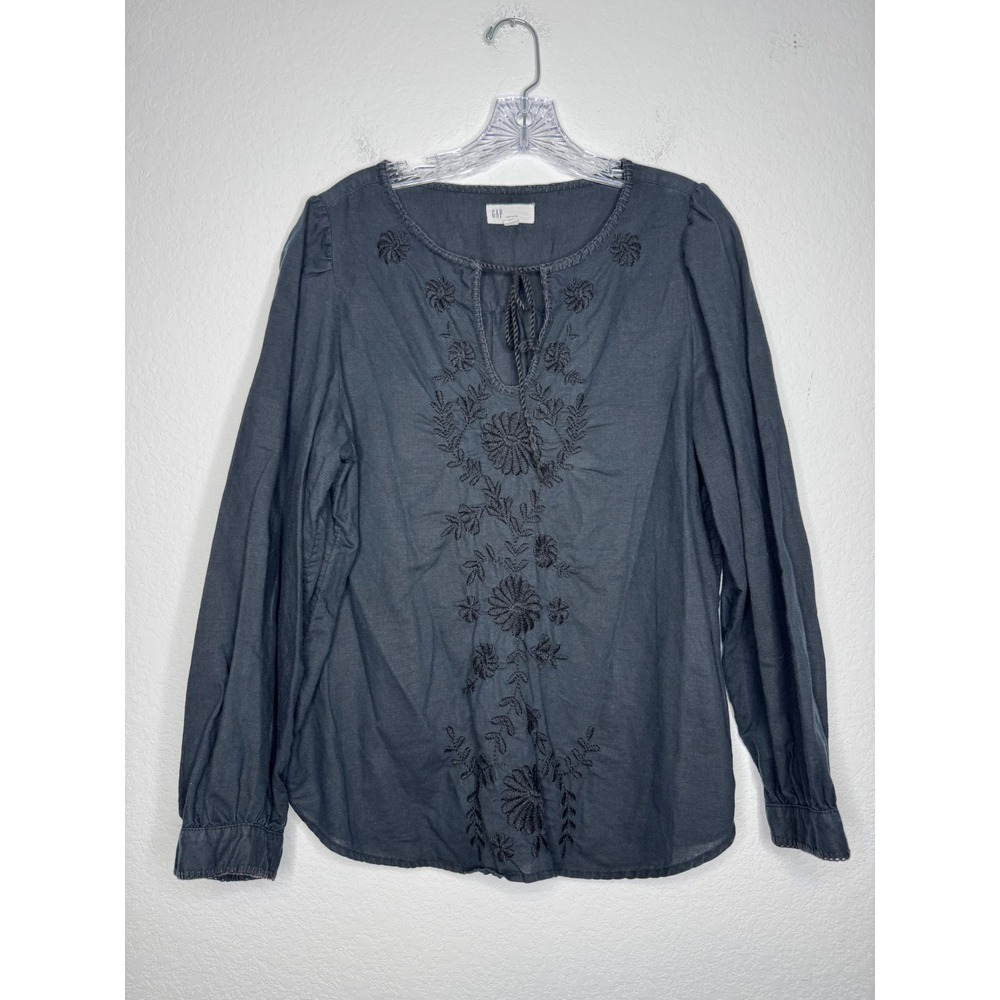 Gap Linen Blend Embroidered Zen Tie Blouse Black Long Sleeve Top Womens Size L